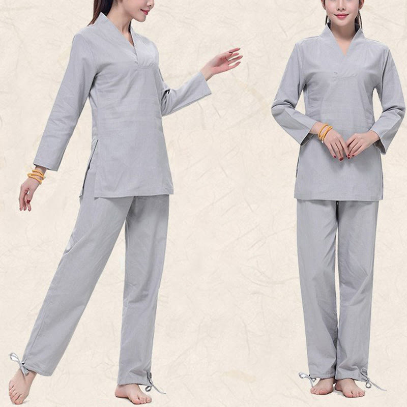 Ensemble de vêtements pour femmes en coton et lin avec Buddha Stones, pratique zen, yoga, méditation, prière, col en V
