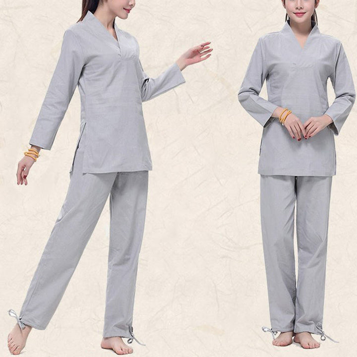 Ensemble de vêtements pour femmes en coton et lin avec Buddha Stones, pratique zen, yoga, méditation, prière, col en V