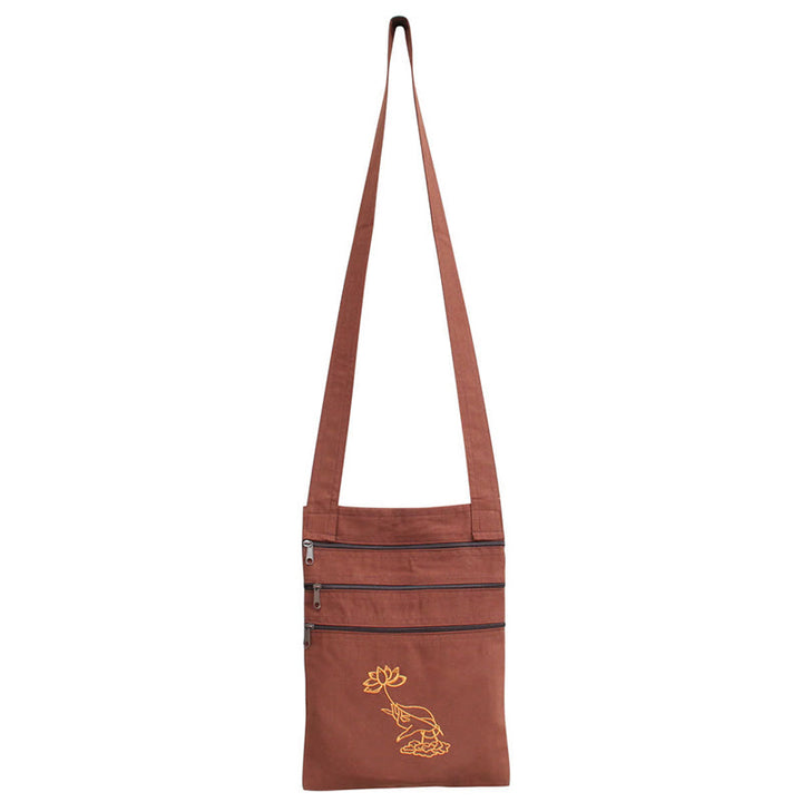 Sac à bandoulière en coton brodé Lotus pour pratique spirituelle - Sac de pratique spirituelle Fleur de lotus brune - image 3