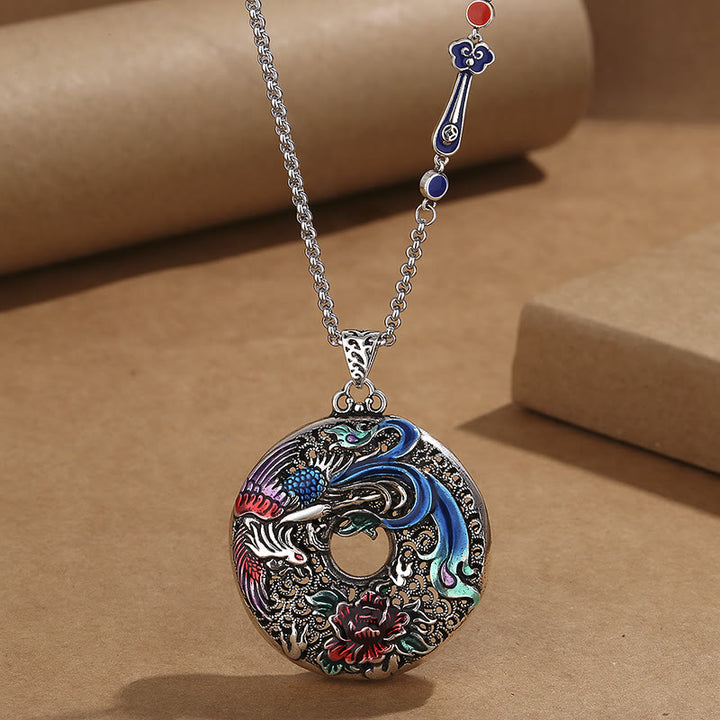 Collier avec pendentif en Buddha Stones, phénix, pivoine, protection de la chance