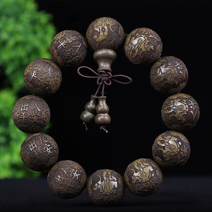 Bracelet de chaleur sculpté PiXiu en bois de rose, ébène, pièce de cuivre et Buddha Stones, signe du zodiaque chinois