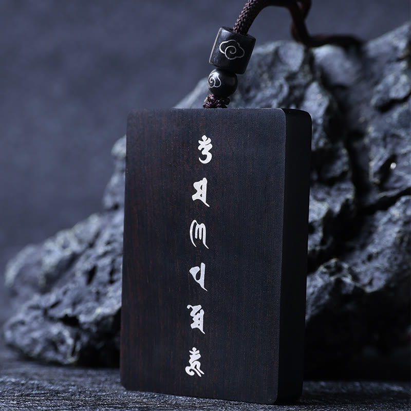 Collier pendentif de protection incrusté de Buddha Stones en argent sterling 999 avec petite feuille de bois de santal rouge et bois d'ébène Om Mani Padme Hum - Bois d'ébène 4*6*1cm - image 14