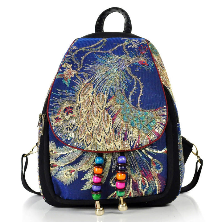 Sac à dos à pompons en toile avec broderies de paon et Buddha Stones