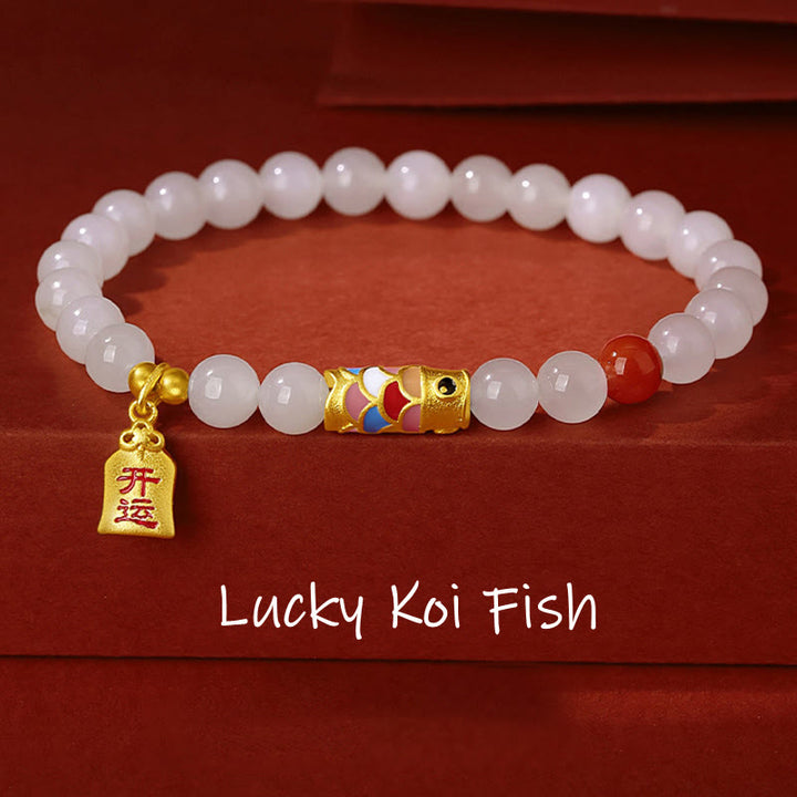 Bracelet porte-bonheur en argent sterling 925 Buddha Stones et jade blanc Hetian, agate rouge, poisson koï - Jade blanc de Hetian (Protection ♥ Bonheur) - image 0