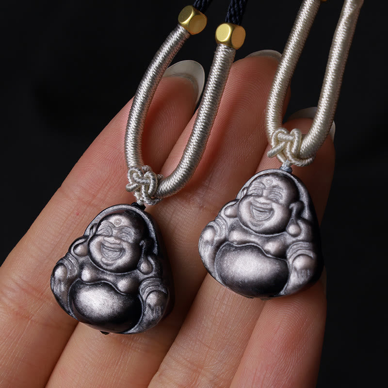 Collier pendentif de protection Buddha Stones rieur en obsidienne argentée naturelle - image 9