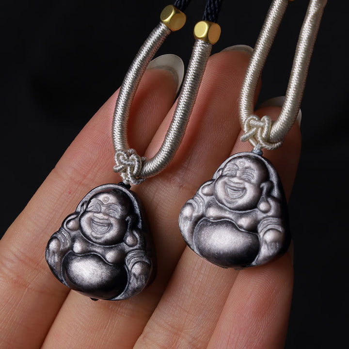 Collier pendentif de protection Buddha Stones rieur en obsidienne argentée naturelle - image 9