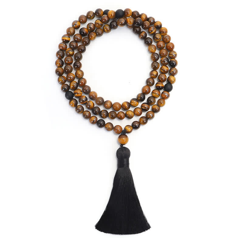 Bracelet Mala 108 Buddha Stones avec pompon de protection en œil de tigre