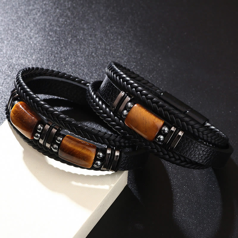 Bracelet en cuir multicouche avec boucle magnétique et Buddha Stones œil de tigre