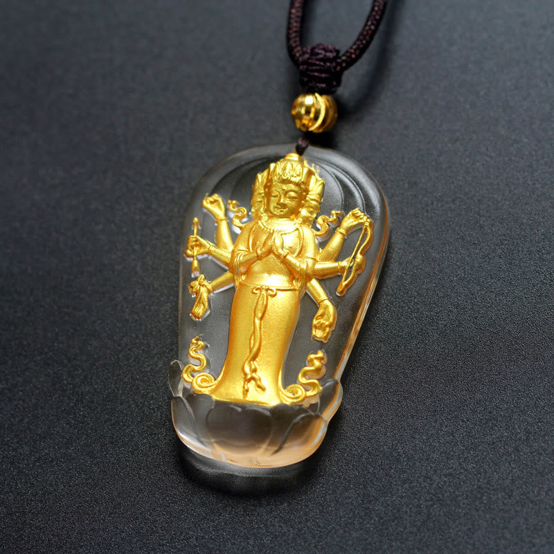 Buddha Stones tibétain à huit bras Avalokitesvara Guanyin Bouddha plaqué or en cristal Liuli