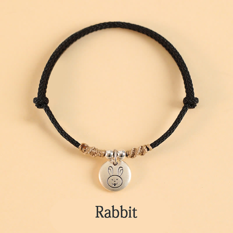 Bracelet tressé en argent sterling 999 fait main avec Buddha Stones Année du Dragon, joli signe du zodiaque chinois - Corde noire - Lapin (tour de poignet 14-17 cm) - image 28