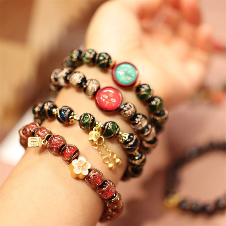 Bracelet de perles de fortune Thangka Tibétain en or représentant la famille des cinq dieux de la richesse