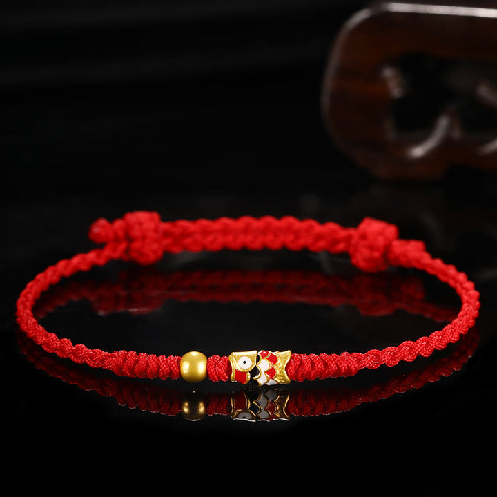 Bracelet tressé artisanal en or 999 avec poisson Koi et Buddha Stones