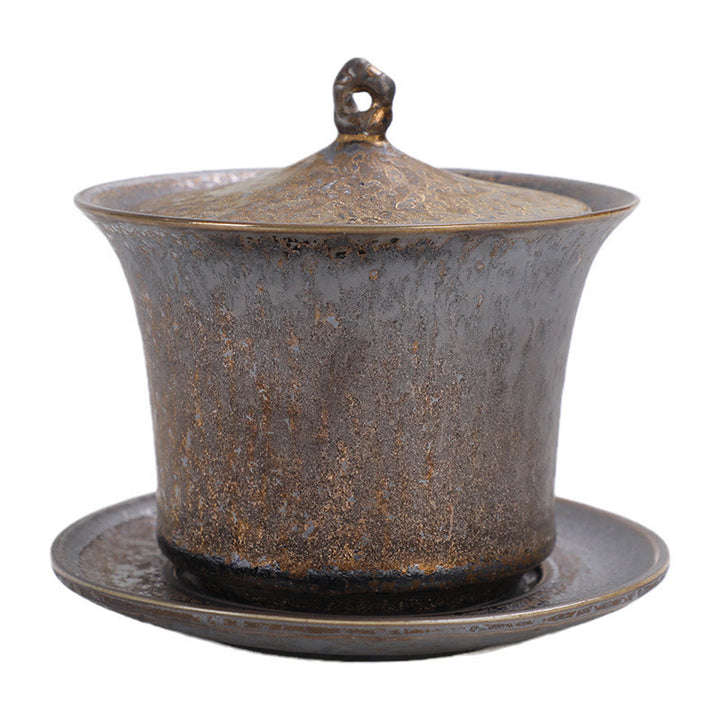 Tasse à thé et soucoupe en céramique émaillée rouille rétro Buddha Stones Gaiwan Sancai Tasse à thé Kung Fu avec couvercle