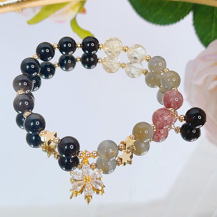 Bracelet de protection en obsidienne naturelle argentée avec Buddha Stones , cœur, étoile, fleur