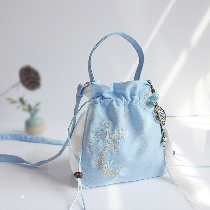 Sac à main en toile brodé à la main avec Buddha Stones et fleurs - Bambou prunier bleu et blanc 20*20cm - image 35