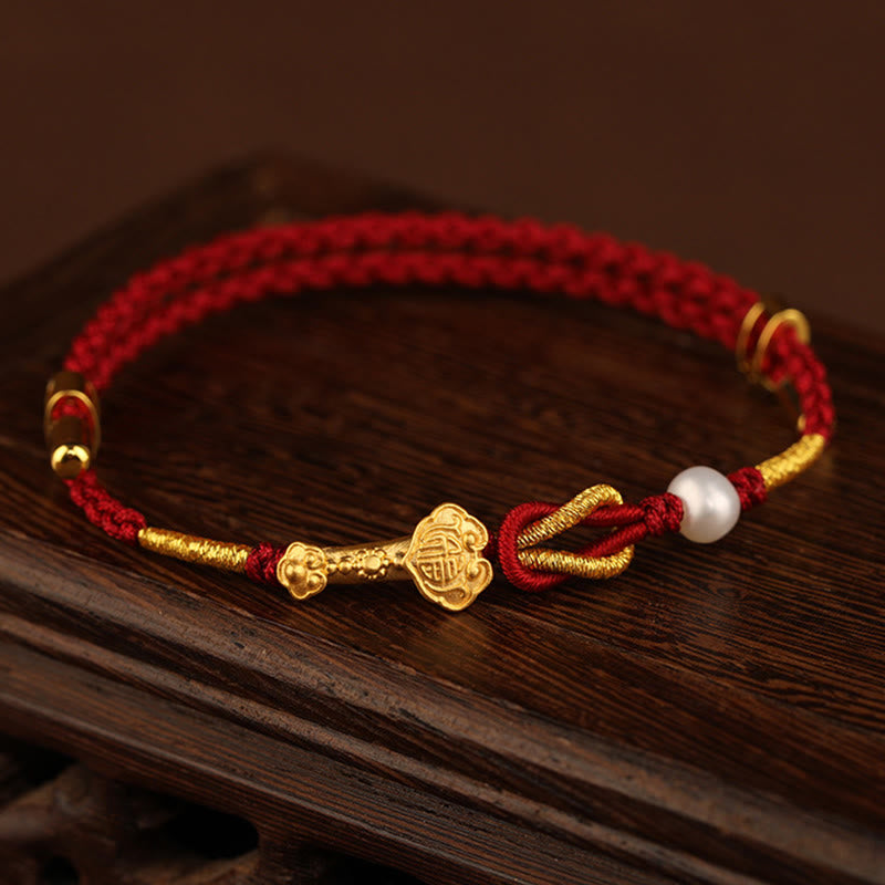 Bracelet tressé porte-bonheur en or 24 carats avec perles et lapin en forme de personnage Fu avec poignée Ruyi et Buddha Stones