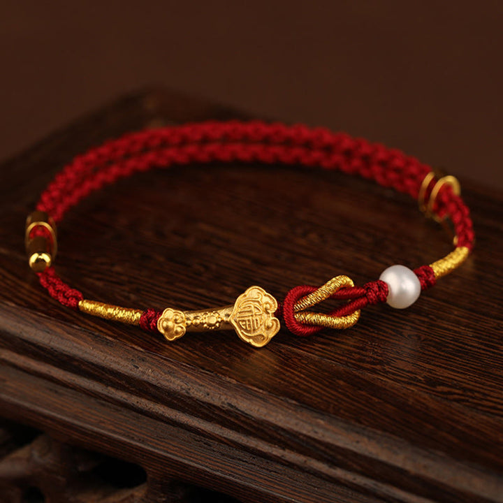 Bracelet tressé porte-bonheur en or 24 carats avec perles et lapin en forme de personnage Fu avec poignée Ruyi et Buddha Stones