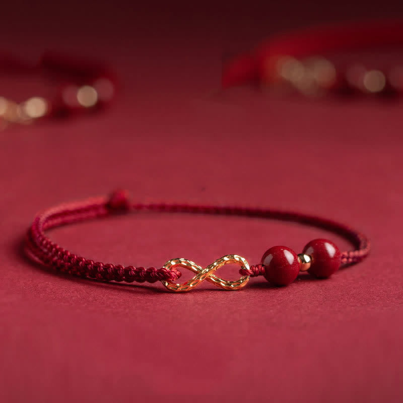 Bracelet de cheville avec symbole de l'infini doré et Buddha Stones et bénédiction en cinabre - Rouge foncé - Bracelet de cheville (circonférence de la cheville 16-26 cm) - image 0