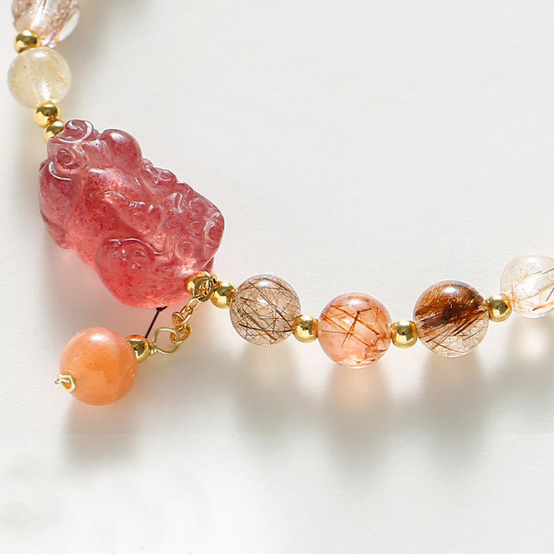 Bracelet de richesse PiXiu en quartz rutile naturel et quartz fraise Buddha Stones
