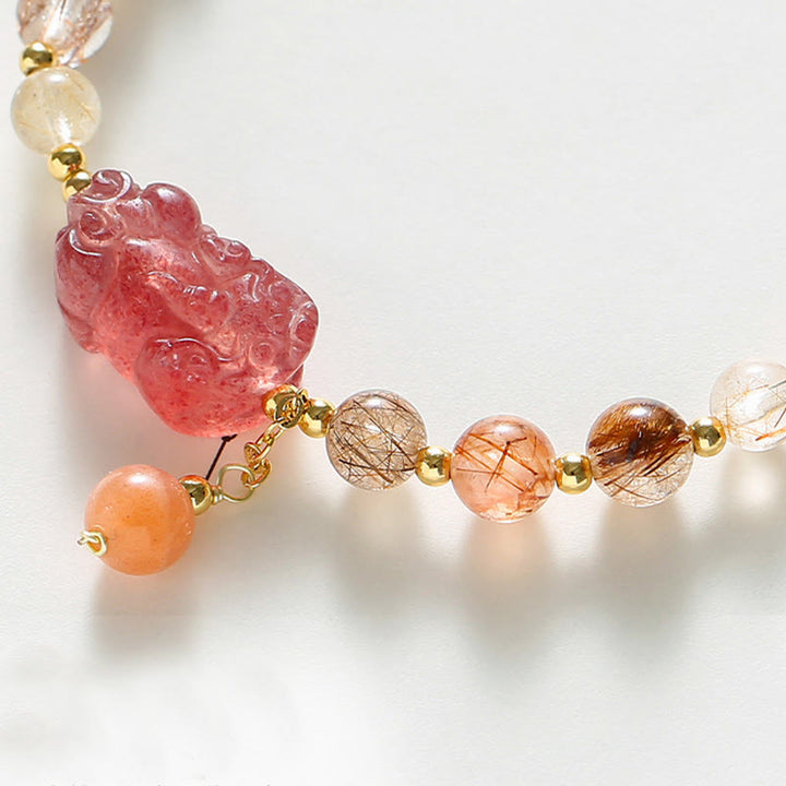Bracelet de richesse PiXiu en quartz rutile naturel et quartz fraise Buddha Stones