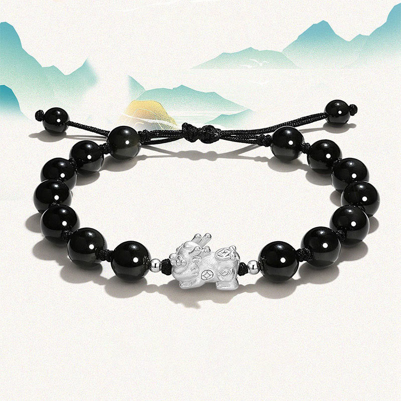 Bracelet de force PiXiu en obsidienne noire naturelle œil de chat et cristal rose Buddha Stones - PiXiu en obsidienne noire (tour de poignet 15-16 cm) - image 0