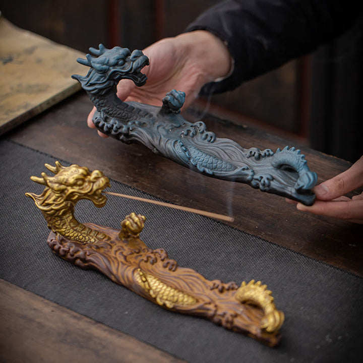 Brûleur d'encens en céramique avec Buddha Stones et protection du dragon