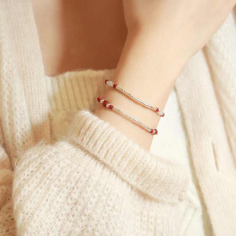 Bracelet tressé en argent sterling 925 avec perles d'agate blanche et d'agate rouge en bambou et pierres de Buddha Stones