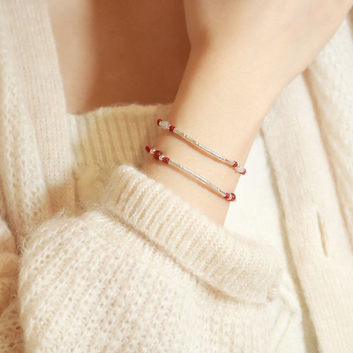 Bracelet tressé en argent sterling 925 avec perles d'agate blanche et d'agate rouge en bambou et pierres de Buddha Stones
