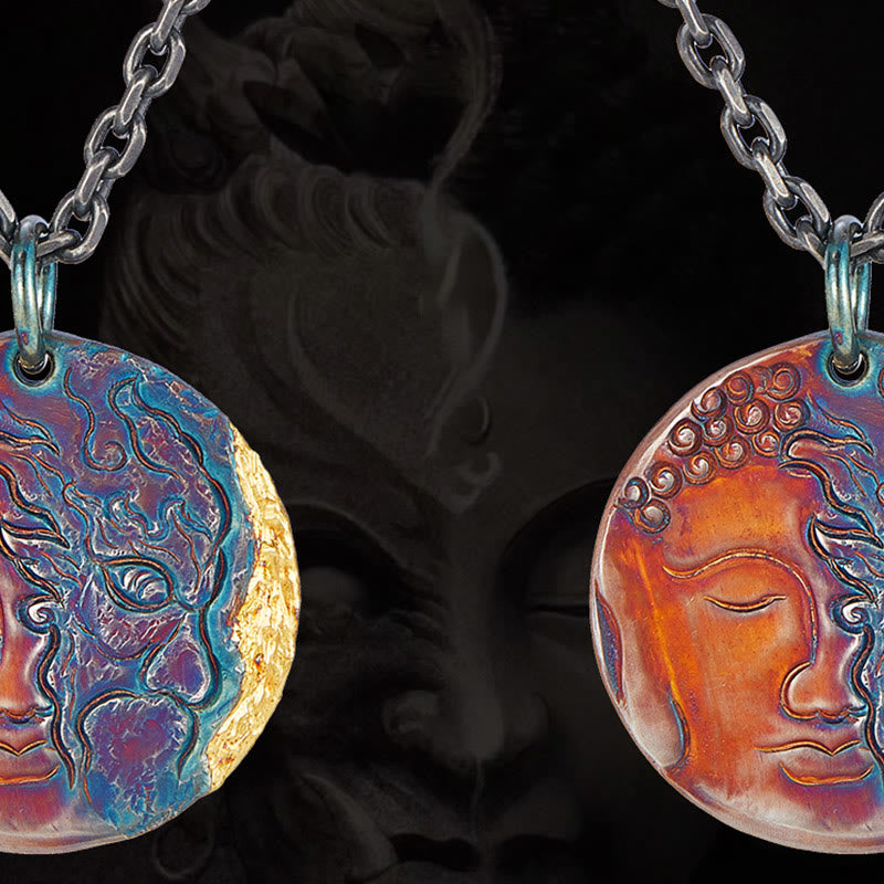 Collier pendentif de compassion moitié démon moitié bouddha en argent sterling 999 et or 24 carats avec Buddha Stones