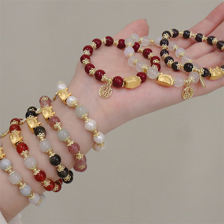 Buddha Stones Année du Dragon Agate Rouge Quartz Fraise Obsidienne Noire Jade Grenat Perle Cinabre Dumpling Dragon Luck Fu Bracelet Caractère