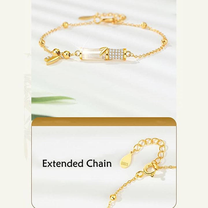 Bracelet porte - bonheur en argent sterling 925 plaqué or 18 carats avec jade blanc et bambou et zircon