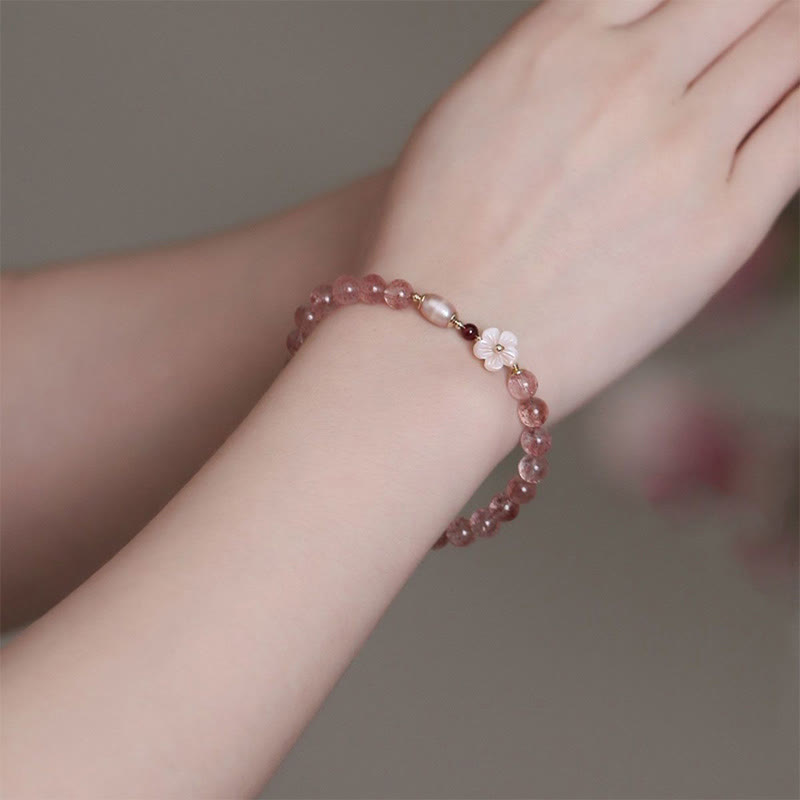 Bracelet d'amour en quartz fraise et fleur de pêcher Buddha Stones