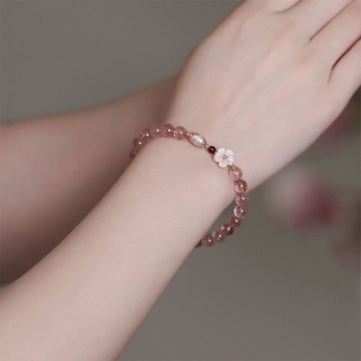 Bracelet d'amour en quartz fraise et fleur de pêcher Buddha Stones