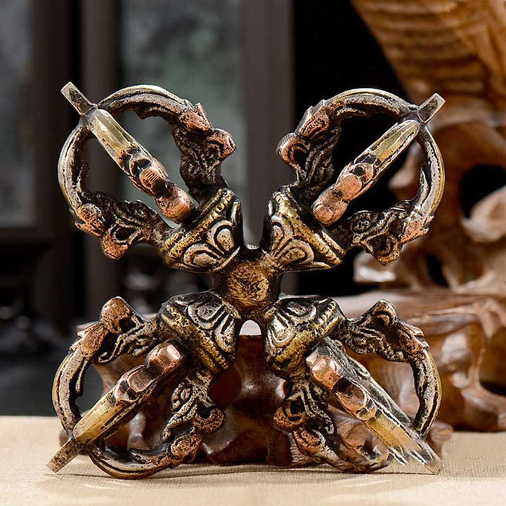 Vajra tibétain fait à la main à 5 griffes double Dorje en cuivre et fer