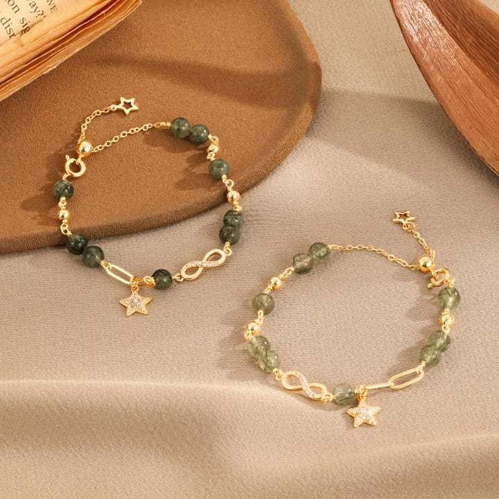 Bracelet de protection en or 14 carats avec quartz rutile vert et boucle Möbius de Buddha Stones, amour éternel et étoile