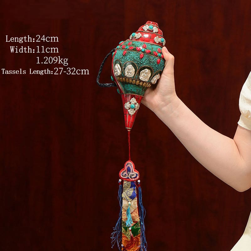 Tibétain fait à la main Shankha Om Mani Padme Hum bouddha Avalokitesvara coquille de conque Turquoise décoration positive - Turquoise rouge 24*11cm - image 1