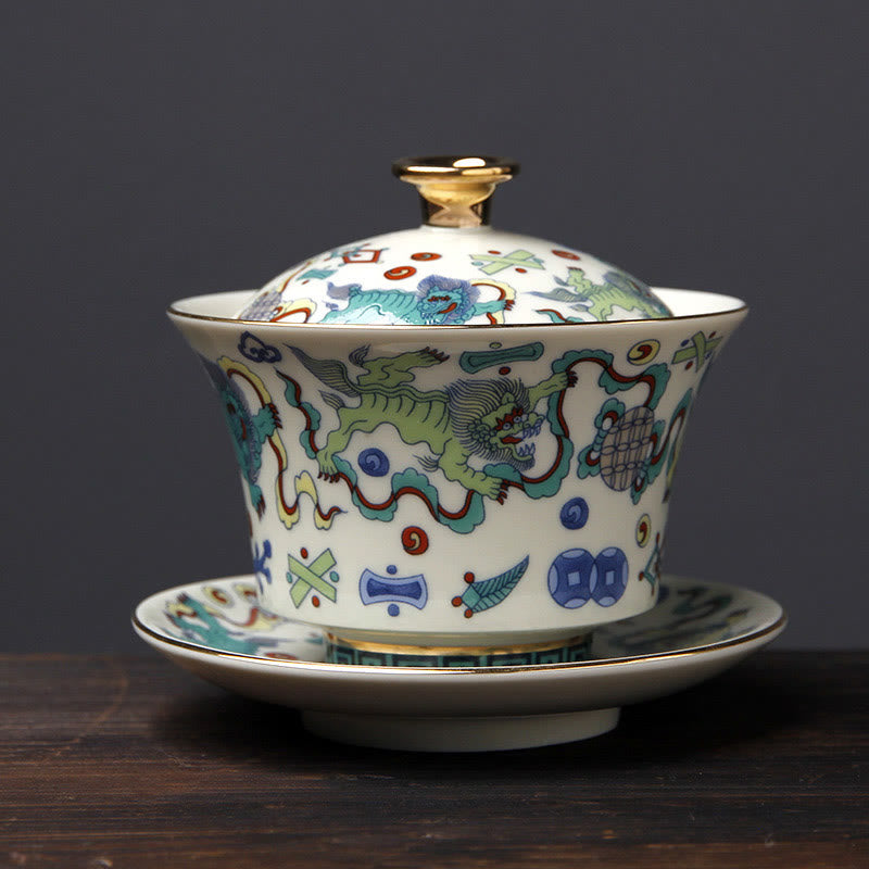 Buddha Stones Rétro Fleur de Prunier Pin Bambou Phénix Kirin Céramique Gaiwan Sancai Tasse à Thé Kung Fu Tasse à Thé et Soucoupe avec Couvercle