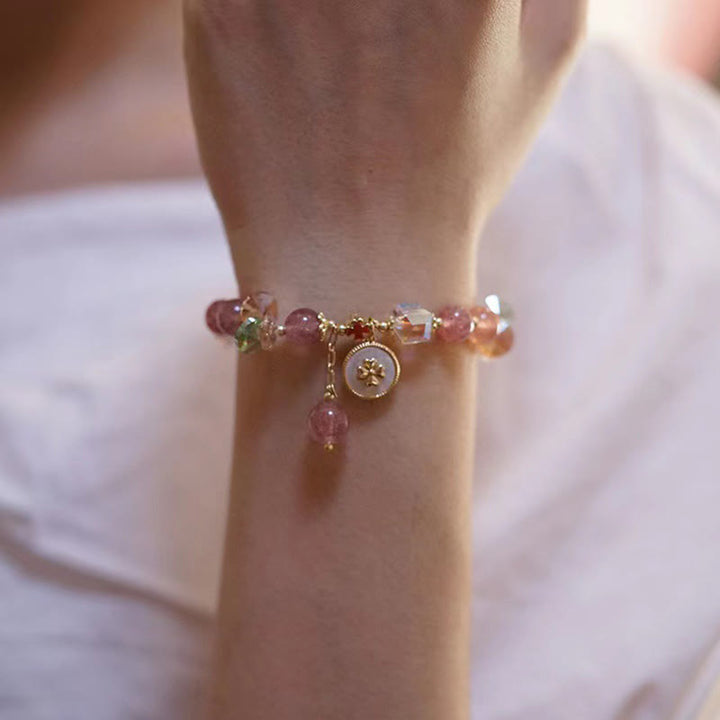 Bracelet porte-bonheur en quartz fraise et trèfle à quatre feuilles avec breloque de guérison et Buddha Stones