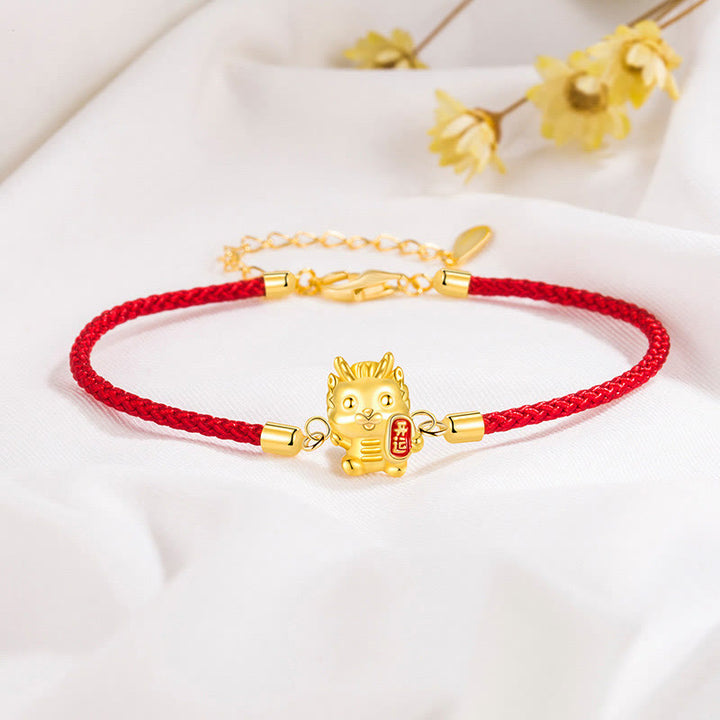 Bracelet chaîne corde rouge en argent sterling 925 Buddha Stones Année du Dragon Chanceux Force du Dragon Doré