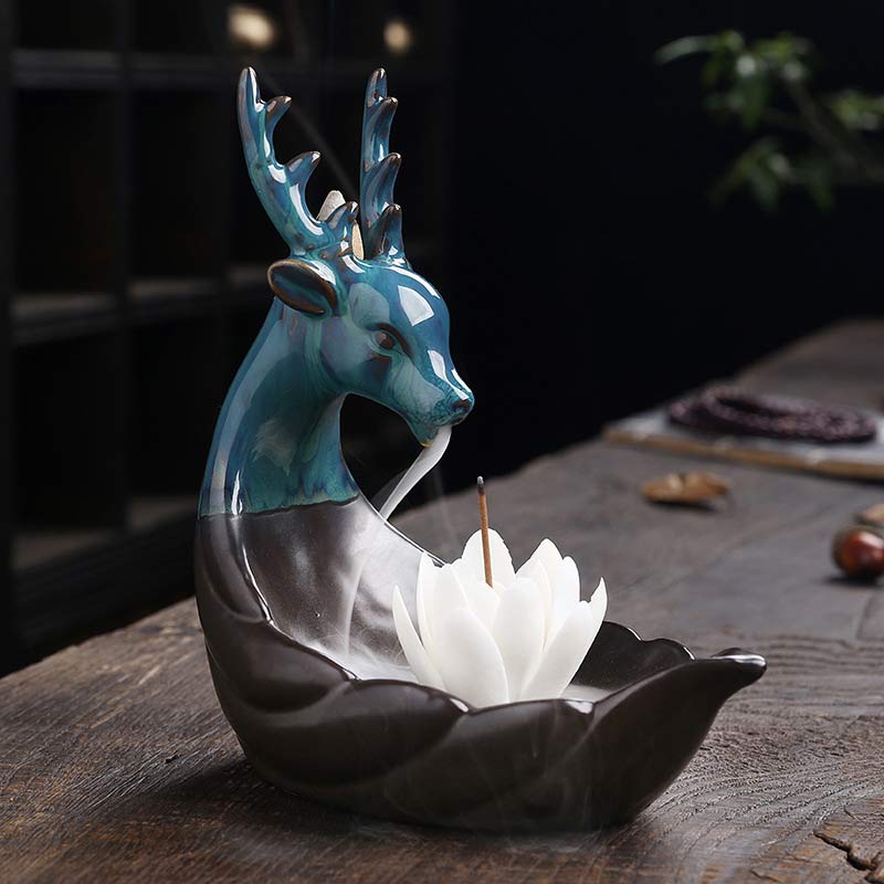 Brûleur d'encens de méditation en céramique Buddha Stones Little Deer Lotus