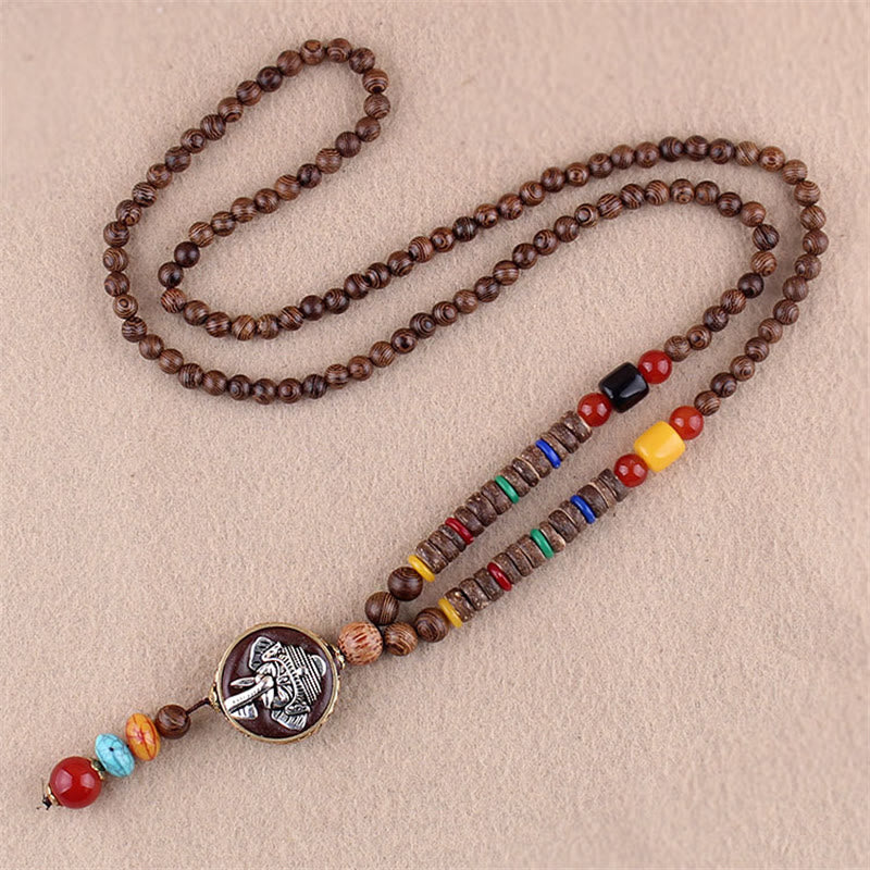 Collier pendentif protection éléphant en Buddha Stones tibétain en bois de wengé Bodhi Seed Agate