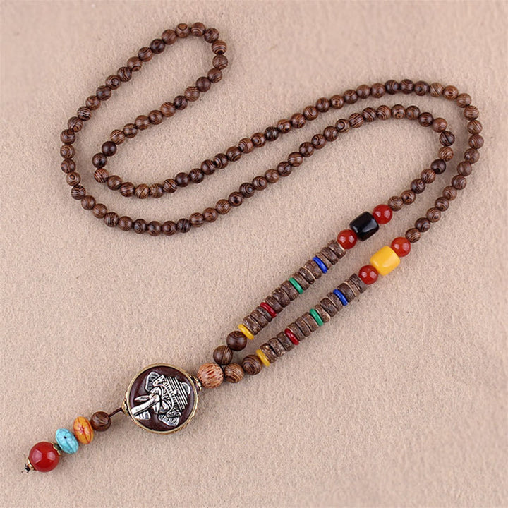 Collier pendentif protection éléphant en Buddha Stones tibétain en bois de wengé Bodhi Seed Agate