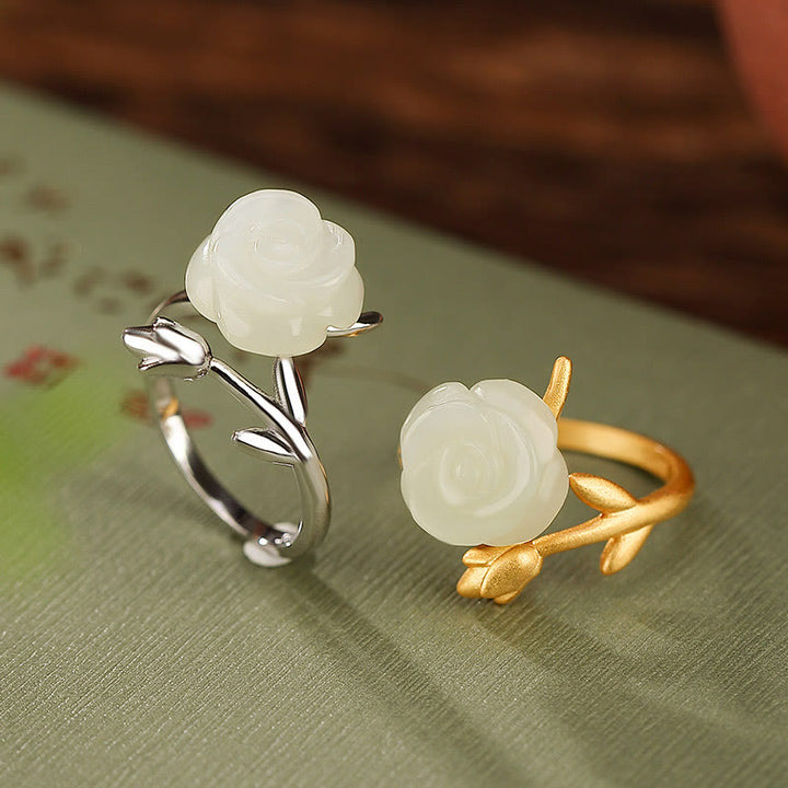 Buddha Stones 925 Argent Sterling Plaqué Or Fleur de Rose Hetian Jade Blanc Bague du Bonheur