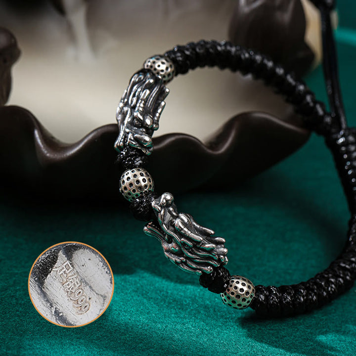 Bracelet tressé fait main en argent sterling 999 avec double dragon porte-bonheur de Buddha Stones