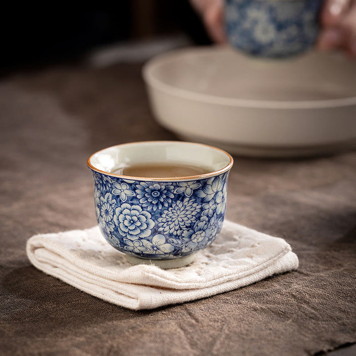 Buddha Stones Vintage Lotus Pivoine Fleur de Prunier Chrysanthème Tasse à Thé en Céramique Tasses à Thé