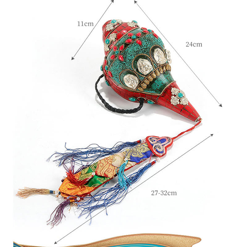 Tibétain fait à la main Shankha Om Mani Padme Hum bouddha Avalokitesvara coquille de conque Turquoise décoration positive - image 14