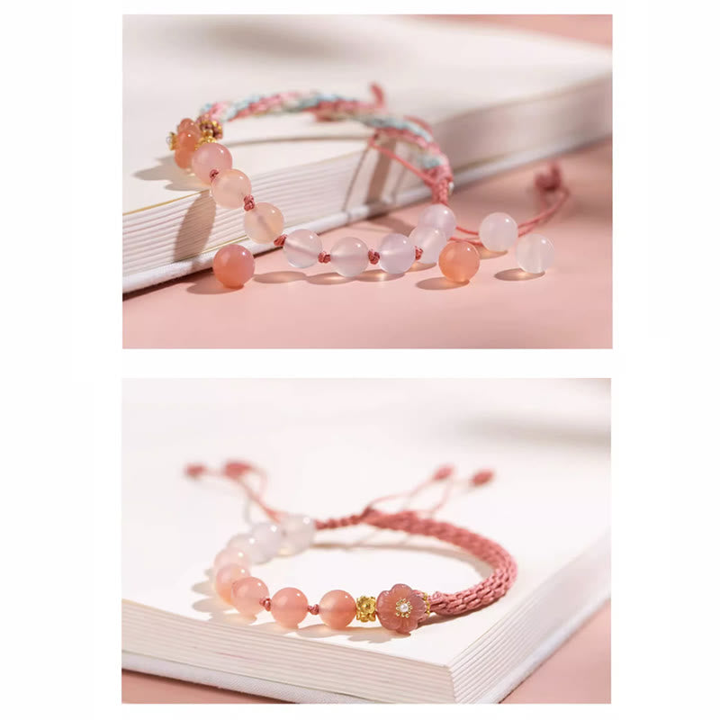Bracelet en corde fait main avec Buddha Stones en agate naturelle dégradée et nœud de réincarnation en fleur de pêcher