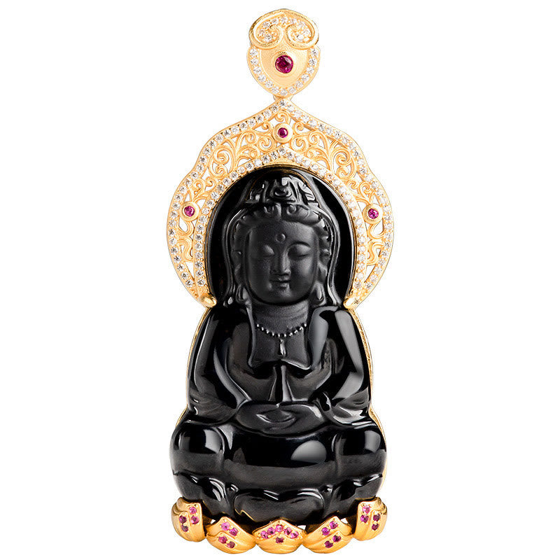 Collier pendentif en jade noir naturel Kwan Yin Avalokitesvara, symbole de richesse, avec chaîne en acier titane et Buddha Stones. - image 3