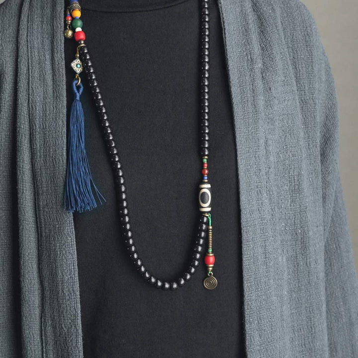 Buddha Stones Mala 108 perles en bois d'ébène et perles Dzi en cuivre avec pampilles et équilibre