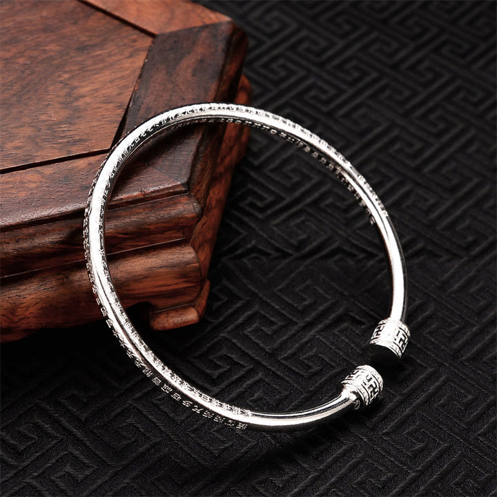 Bracelet jonc en cuivre blanc avec motif svastika gravé du Sutra du cœur